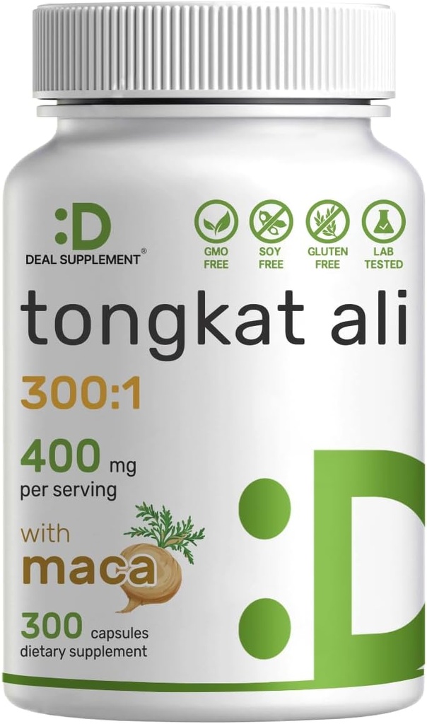 SUPPLÉMENT DE DÉAL Tongkat Ali Extract 300:1 400mg & Maca Root 400mg.300 Capsules, Ultra Strength Longjack (Eurycoma Longifolia) + Pérou Maca – Non-OGM, supplément à base de plantes pour les hommes santé, performance