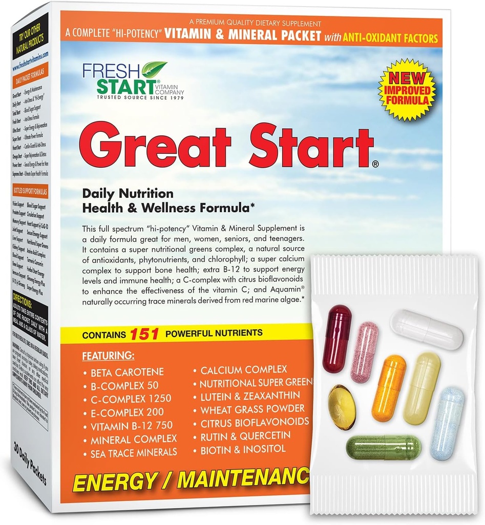 Great Start Complete Daily Vitamin Pack (Energy & Essentials) Vitamine A, B, C, D, E, B12, Biotine, Minéraux, Calcium, Magnésium, Zinc, Super Greens (30 Packets)