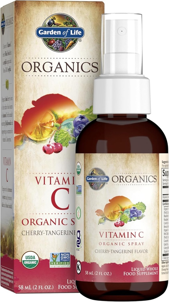 Garden of Life Organics Vaporisateur de vitamine C pour les enfants et les adultes - Cerise Tangerine, supplément de vitamine C, antioxydant pour le soutien immunitaire et la santé de la peau, 2 fl oz gouttes liquides