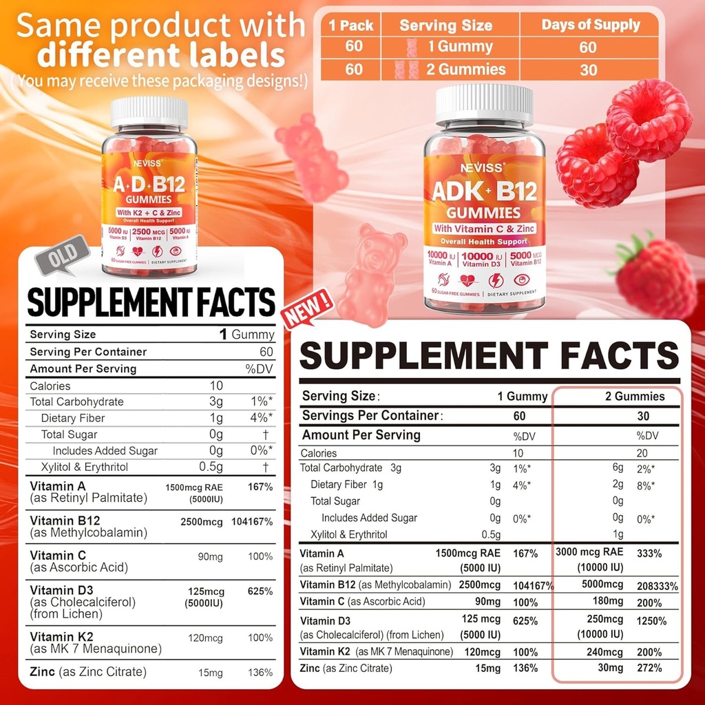 NEVISS 2Pack Vitamine ADK avec Gommies B12 + 1Pack Glucosamine Gommies remplis
