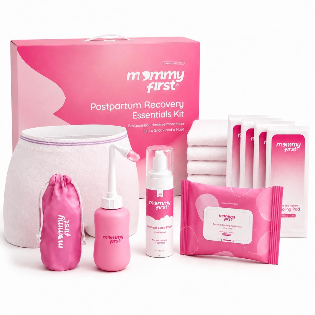 Mommy First® Kit de récupération des essentiels postpartum – Packs de glace périnéaux du prochain génération, mousse de guérison de Hazel sorcière, liners de Hazel sorcière, à l'envers de la bouteille Peri et sous-vêtements postpartum pour récupération postpartum