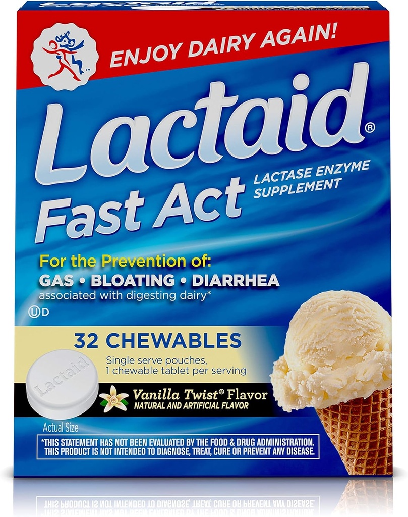 Lactaid Fast Act Intolérance à la lactose Chewables with Lactase Enzymes, Vanilla Twist, 32 Pks of 1-ct.