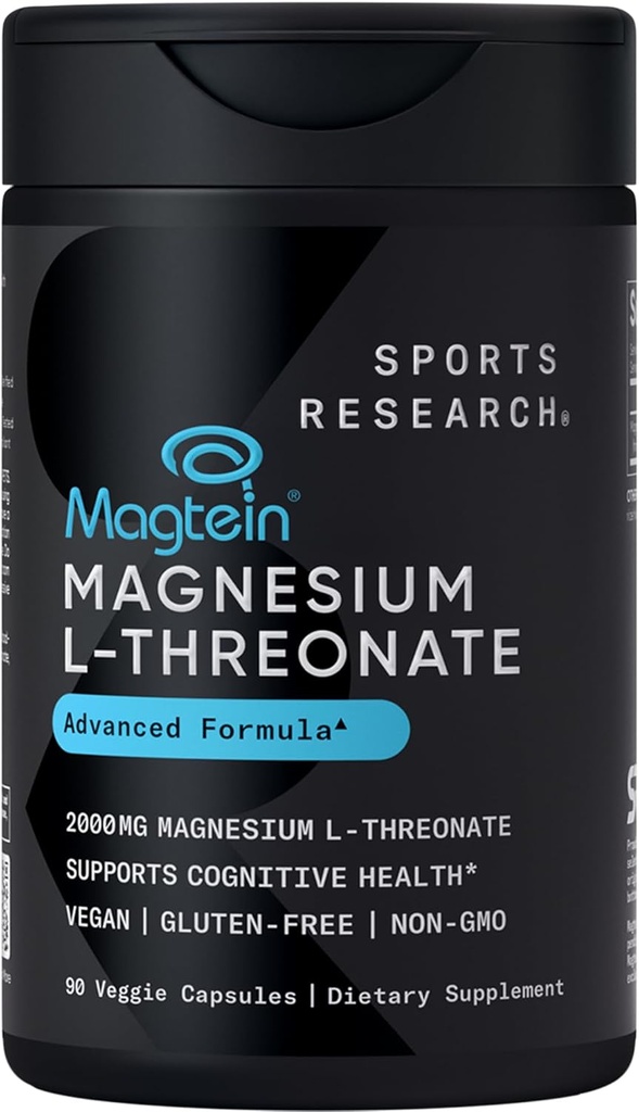 Recherche sportive Magtéin Magnésium L-Thréonate Capsules - Supplément de magnésium pour la mémoire, la focale et la cognition - Magnésium L Thréonate soutient la santé cérébrale, le sommeil et l'humeur - 2000mg, 90 Capsules pour adultes