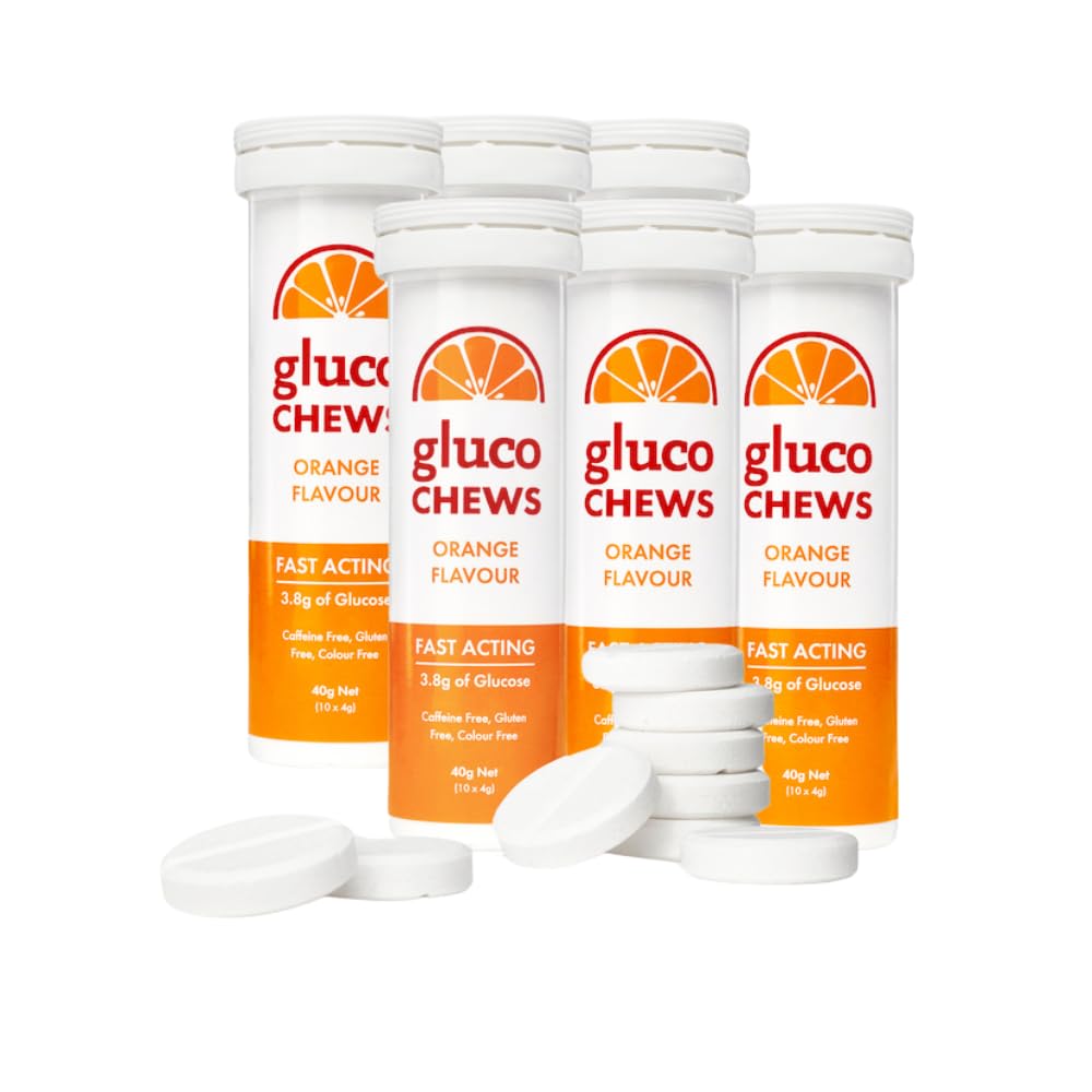 Glucochews comprimés de glucose orange – 60 comprimés (10 par tube, 6 tubes de poche) – 3,8g Glucose à action rapide chacun – stimule l'énergie et le sucre sanguin – sans gluten, sans gras, sans caféine