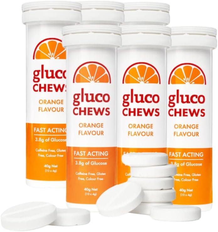 Glucochews comprimés de glucose orange – 60 comprimés (10 par tube, 6 tubes de poche) – 3,8g Glucose à action rapide chacun – stimule l'énergie et le sucre sanguin – sans gluten, sans gras, sans caféine