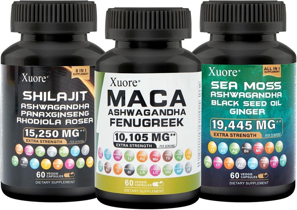 Ensemble de mousse de mer, Shilajit,Maca, Huile de graines noires, Ashwagandha, Ginger, Shilajit, Rhodiola Rosea, Panax Ginseng, Maca Root, Fenugreek, Trifibanol100X,Tous en un seul supplément (1 paquet)