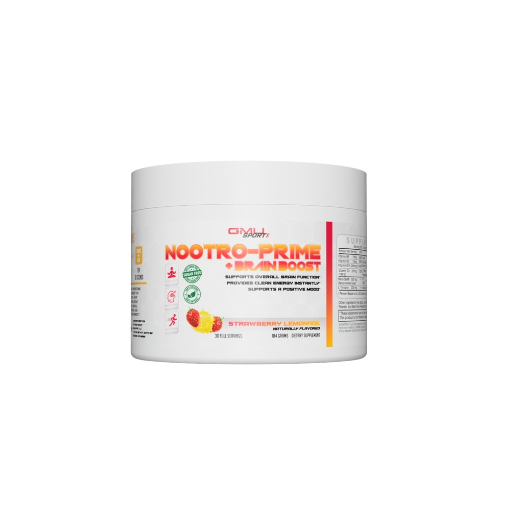 Nootro-Prime Cerveau Boost - Supplément Cerveau Focus - Supplément Champignon Poudre avec Alpha GPC, Suppléments Cerveau Nootropic pour Mémoire et Focus avec Lions Mane, 30 portions, Lémonade de fraise