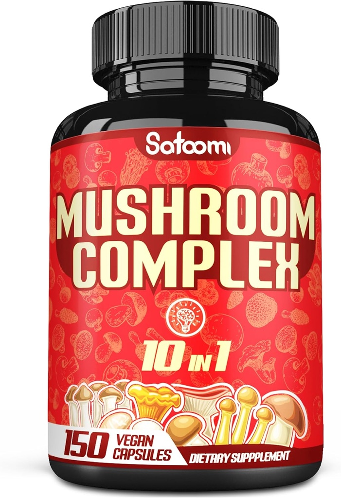 Satoomi 10in1 Suppléments complexes de champignons - 5 mois d'approvisionnement - mélangé avec Lions Mane, Cordyceps, Reishi, Chaga, Maitake, Shitake et autres -Brain Support - 150 Capsules