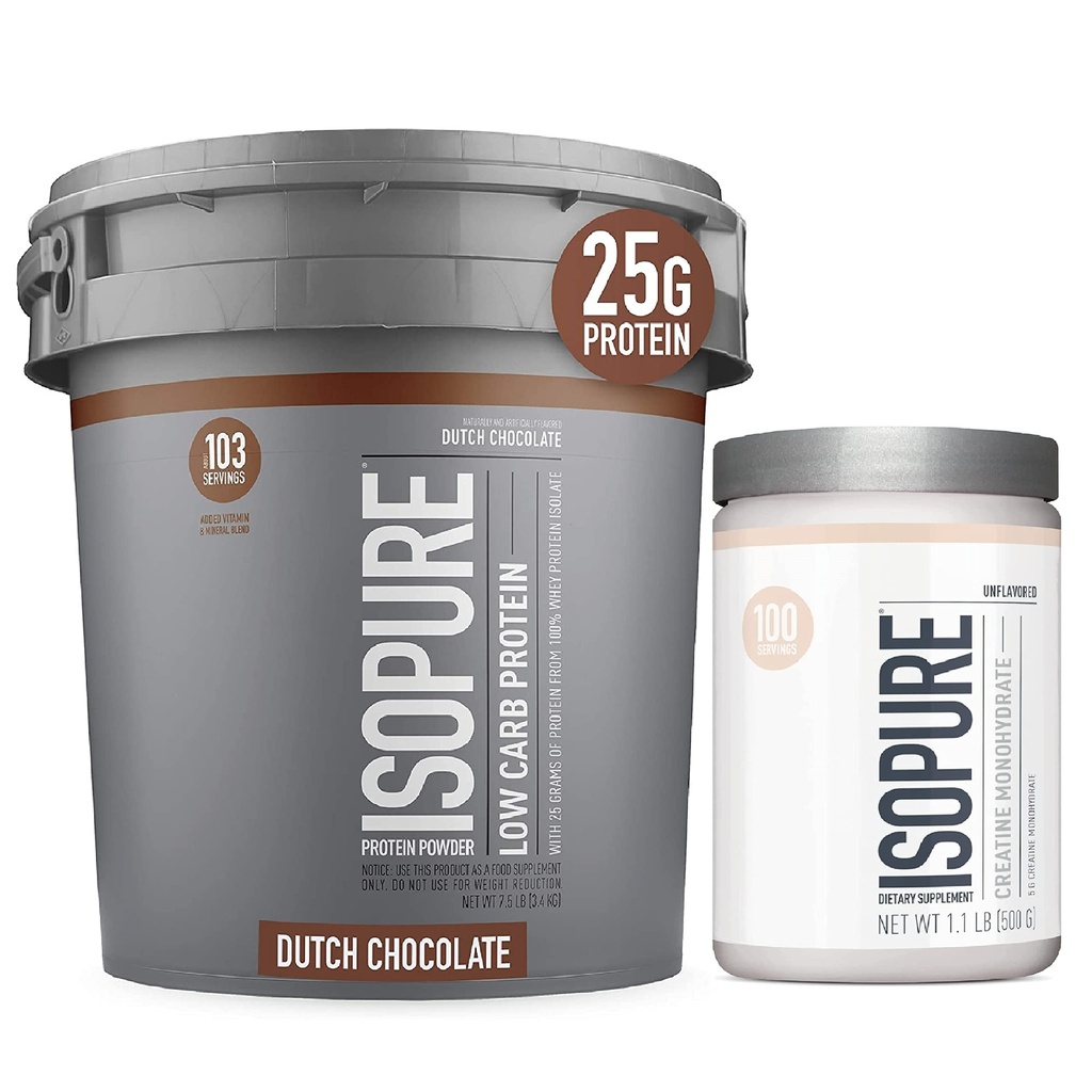 Poudre de protéines isopure à faible teneur en glucides avec poudre de créatine 500g Poudre de protéines non aromatisée, amicale aux Keto, Isolée 100 % de protéines de lactosérum, Saveur de protéines: chocolat hollandais, 7,5 Livres