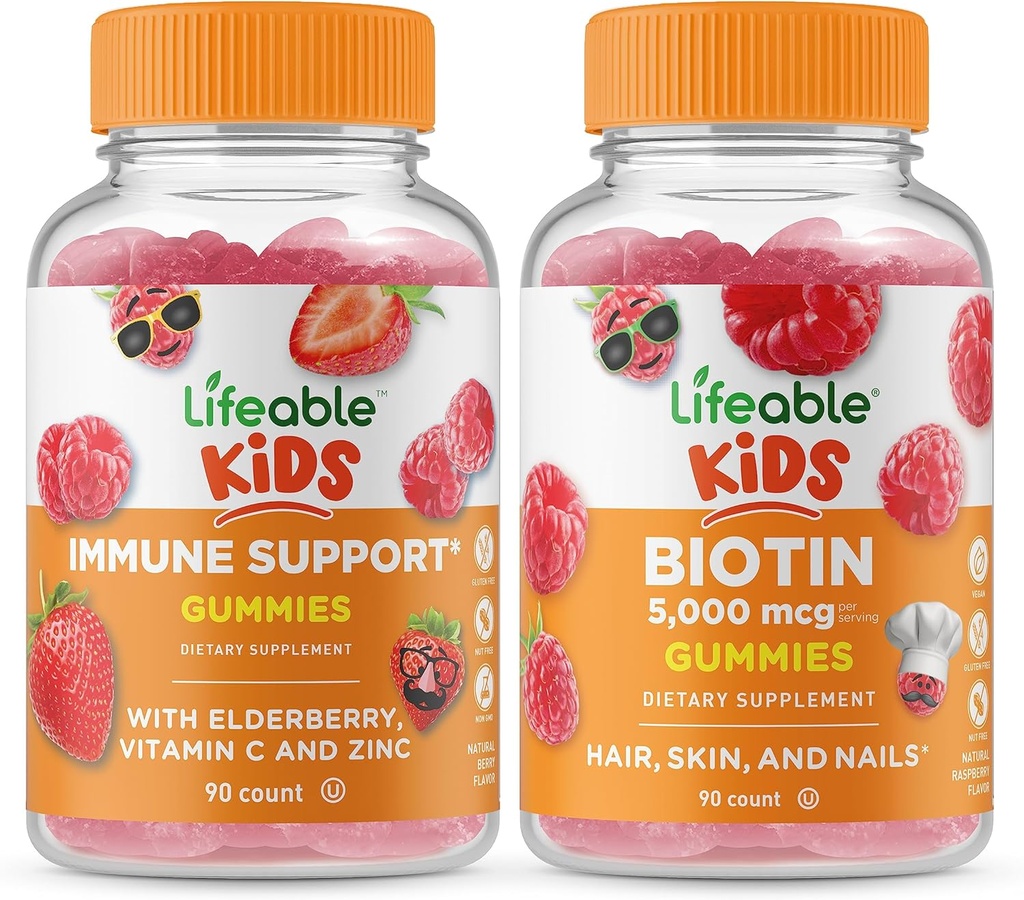 Support immunitaire vieable Enfants + Biotine Enfants, Gommies Bundle - Grande dégustation, supplément de vitamine, sans gluten, sans OGM, gommy à croquer