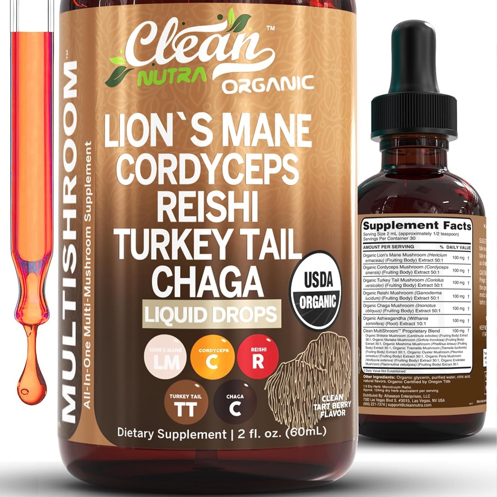Lions biologiques Mane Complément de champignons gouttes liquides + dinde Tail Cordyceps Reishi Chaga Shitake Maitake Tremella Oyster Champignons Poria et mélange complexe d'Enokitake par Nutra propre