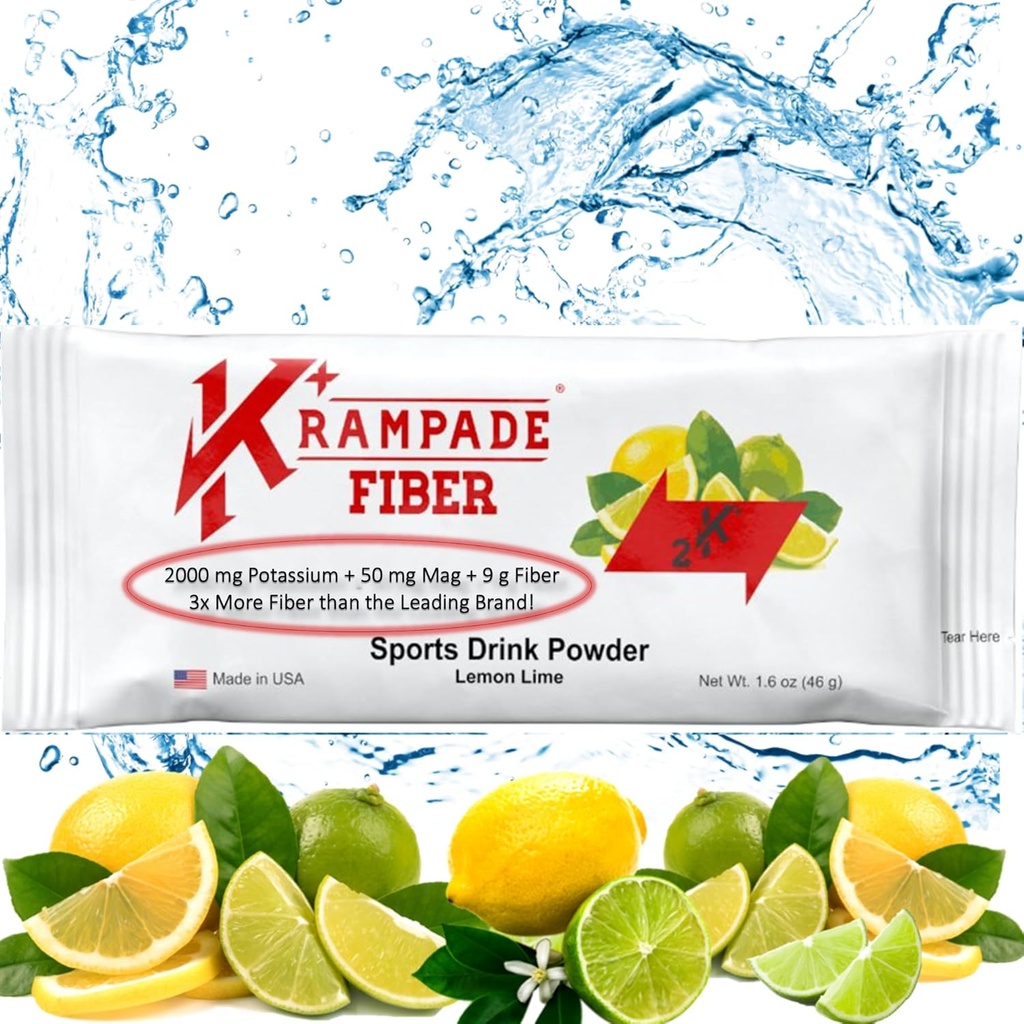 Fibre de Krampade 2K Haute fibre soluble, Potassium élevé, supplément de magnésium boisson en poudre mélange - 2X Plus de fibres Réduisez les crampes (Lémon Lime, 19 portions de pot en vrac)