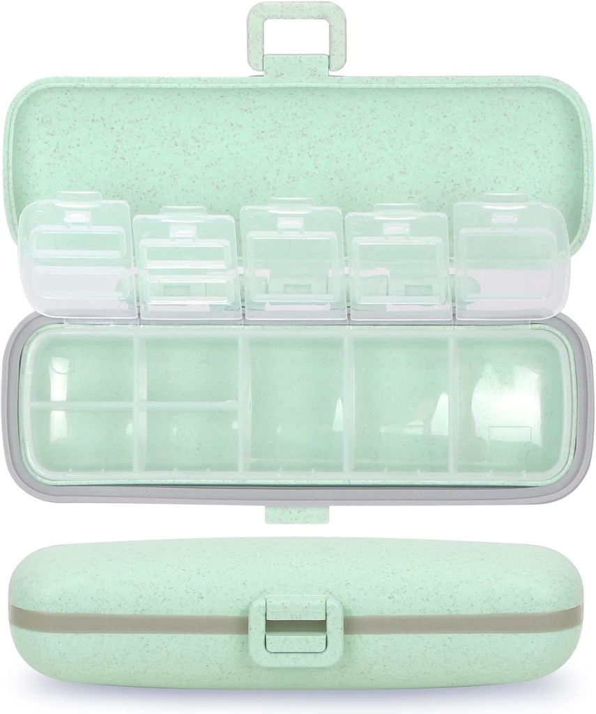Naturetouch Pill Organizer, 7 compartiments Pill Box Portable Travel Medicine Organizer for Purse or Pocket 7 Day Pill Dispenser Storage Case with Lock for Vitamine Medicating Fish Oil Complements Gree