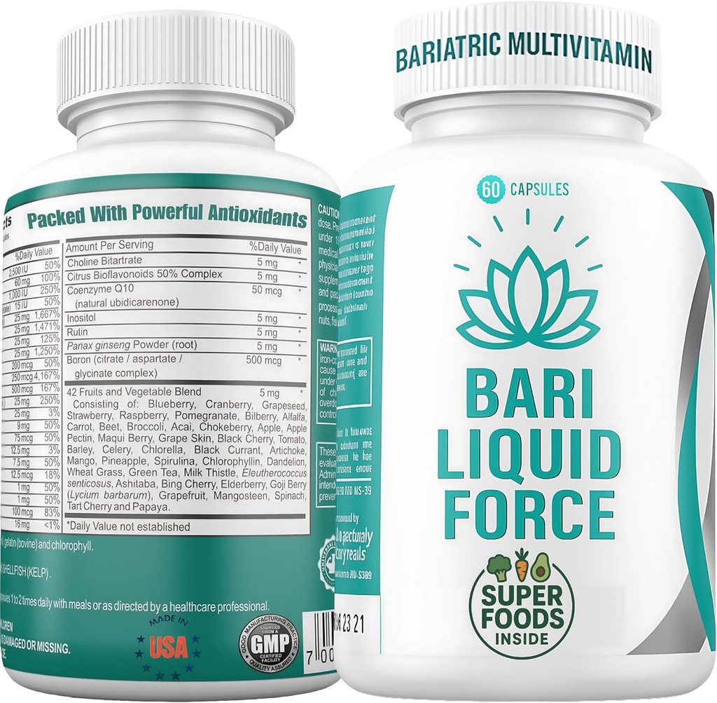Bari Liquid Force One a Day Bariatric Multivitamin with Iron – Capsules de Gel d'Absorption Rapide pour Manches Gastriques, Bypass, Switch Duodenal – Superfood Blend - Bariatric must haves for Women & Men