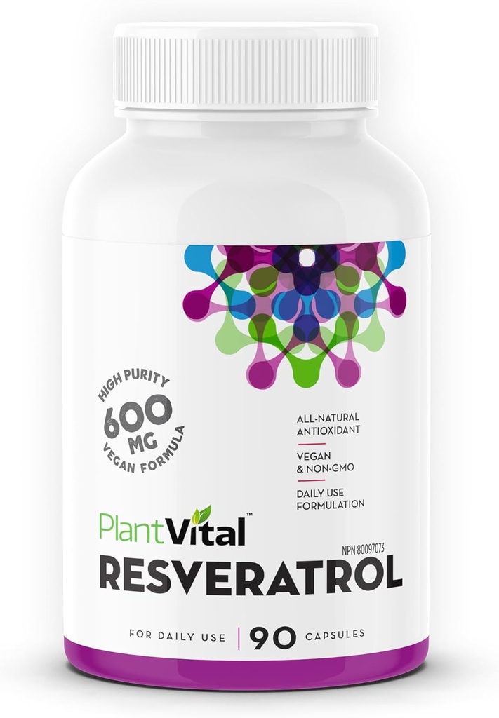 Plantvital Resveratrol 600mg - 90 Vegan Resveratrol Capsules - High Purity Trans Resveratrol Supplement - Antioxidant - Non-GMO, Gluten-Free
