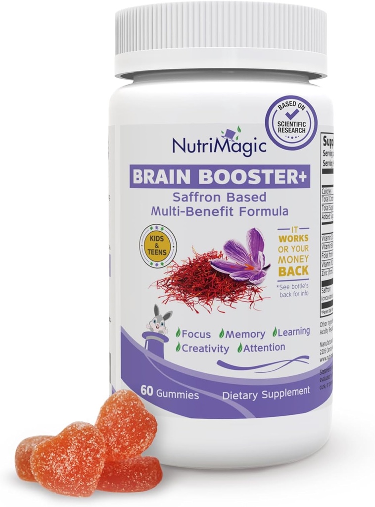 Brain Booster+ 30mg Extrait pur de safran Gummies & Multivitamine D3, B6, B12, Zinc, soutient la santé cérébrale des enfants, Focus, Mémoire, Attention, Équilibre d'humeur, Supplément pour enfants non OGM, 30x Servants