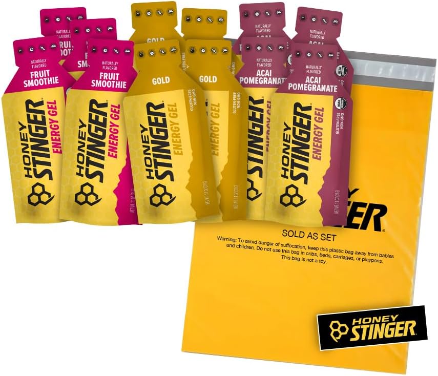 Gels d'énergie bio Stinger au miel – Pack de variétés avec Sticker – 12 Compte – 4 de chaque saveur – Source d'énergie pour toute activité – grenade d'açai, smoothie or et fruits