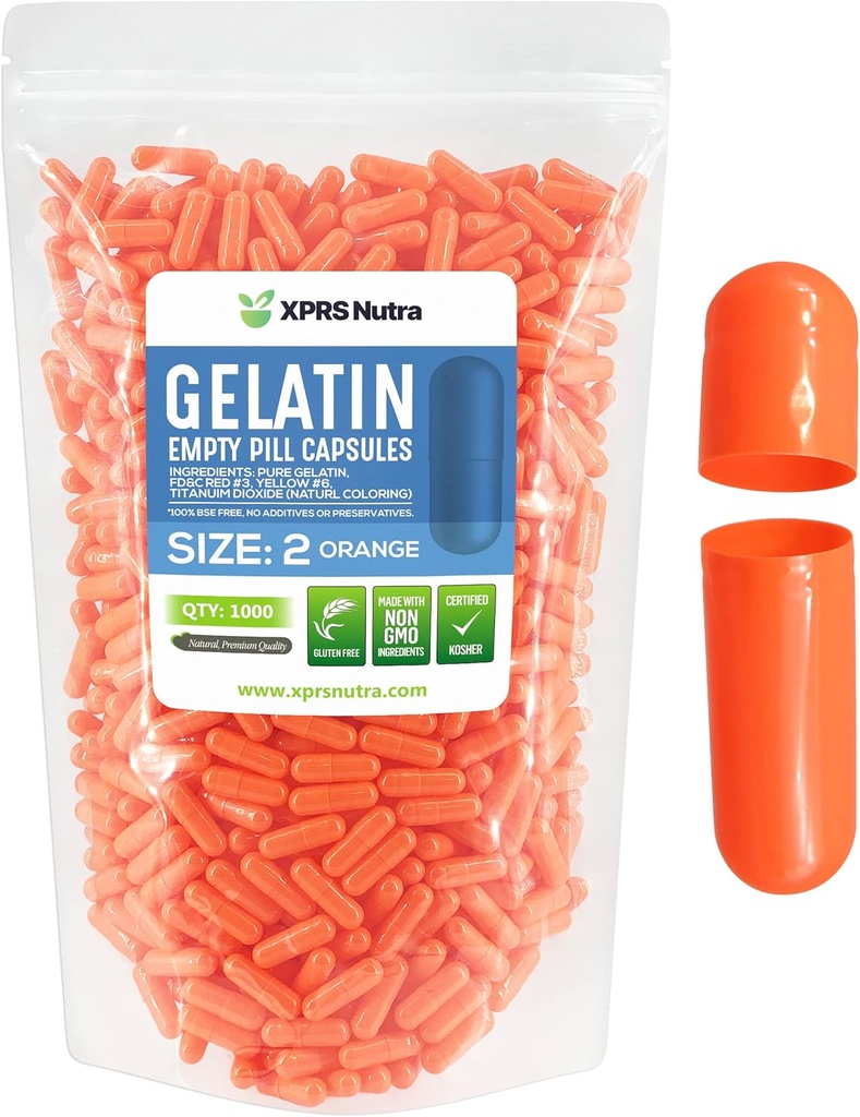 XPRS Nutra Taille 2 Capsules vides - 1000 Compte Capsules de gélatine vides - Pills Bricolage Capsule Remplissage - Pure Pilule Gel Caps pour Do-It-Youlf Suppléments (Orange)