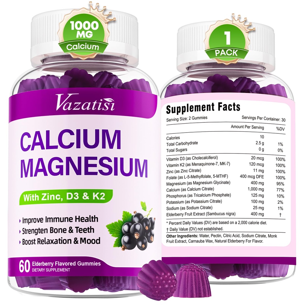Gommies de zinc de magnésium de calcium avec vitamine D3 et K2, potassium de glycinate de magnésium d'absorption élevée pour Immune et les muscles, saveur de mûrier végétalien 60 Gommies