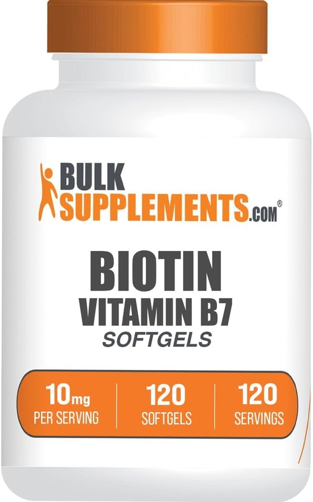 BulkSupplements.com Biotine 10000mcg Softgels - Vitamine B7, Vitamines Biotine pour cheveux, peau et ongles, Supplément Biotine - Sans gluten, 1 Softgel par portion, 120 Nombre (paquet de 1)