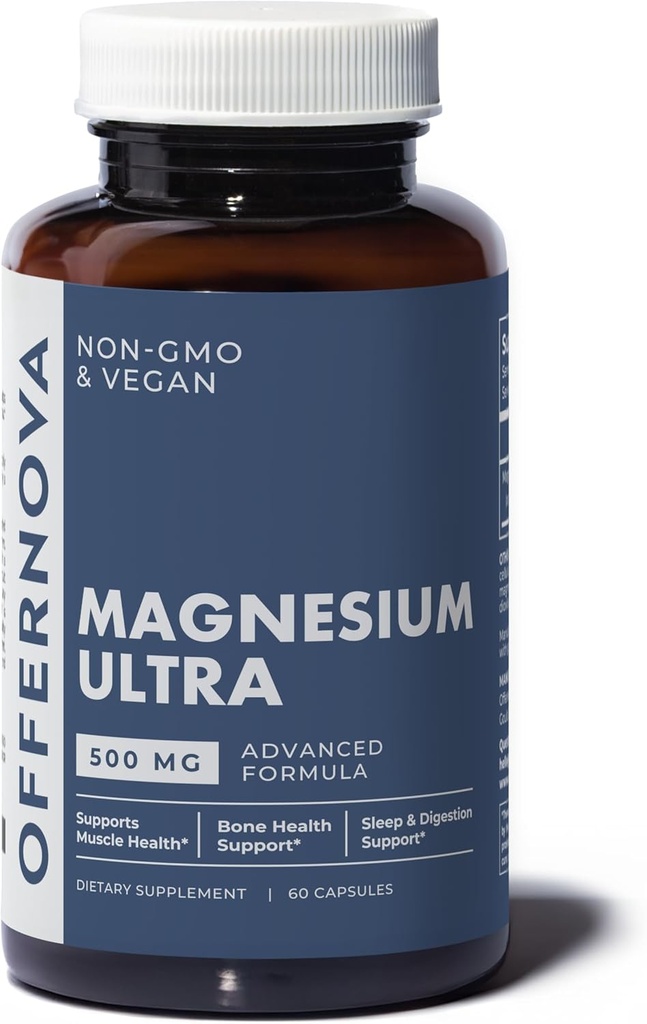 Offernova Magnésium Ultra - Haute Absorption 500mg Magnésium végétalien Citrate & Complexe à Oxyde - Boost Sommeil, Digestion et Santé musculaire pour les hommes et les femmes – Constipation Relief - Citrato de Magnesio
