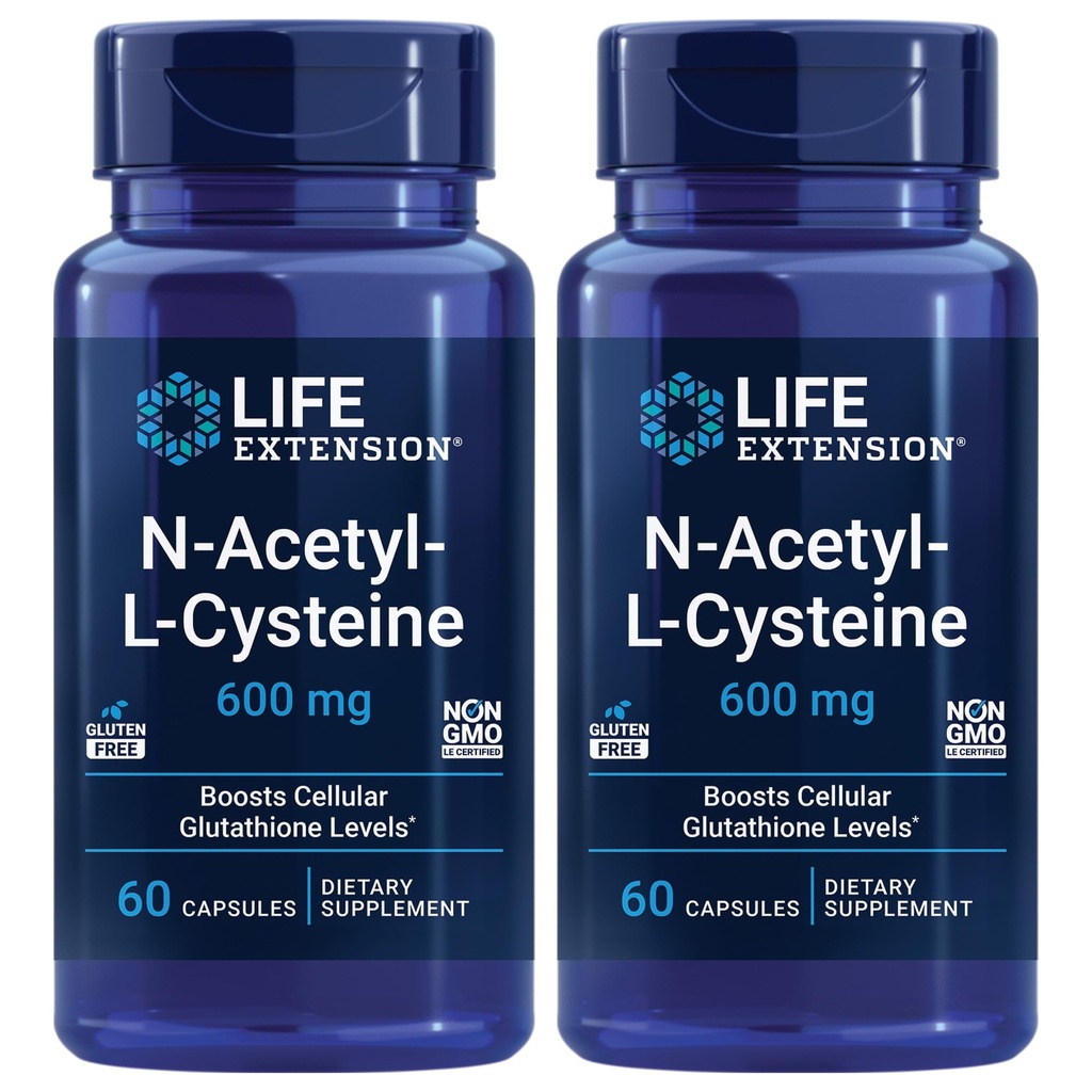 Extension de vie N-acétyl-L-Cysteine (NAC), réponse immunitaire, santé respiratoire, santé du foie, NAC 600 mg, antioxydant Défense, radicaux libres, facile à absorber - Deux packs x 60 capsules