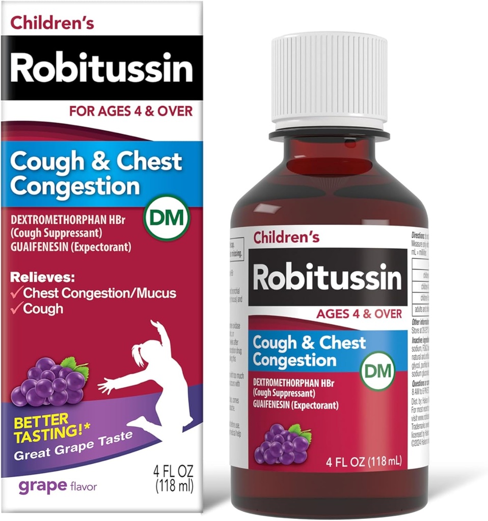 Robitussine Congestion de la toux et de la poitrine chez les enfants DM, Médecine de la toux pour les enfants, Arôme de raisin - Bouteille Oz 4 Fl, 300318715130