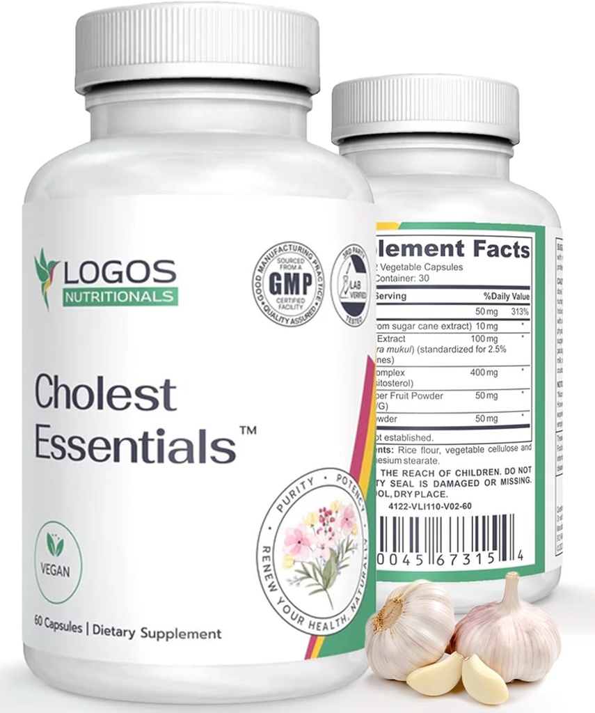 Cholest Essentials - 60 Capsules | Vegan Supplement with Garlic, Niacin, Policosanol, Guggul, Plant Sterol & Cayenne | Daily Wellness Capsules for Men and Women