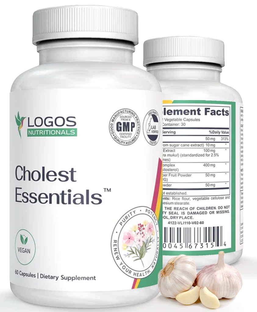 Cholest Essentials - 60 Capsules de supplément végétalien avec l'ail, Niacin, Policosanol, Guggul, Stérol végétal et Cayenne
