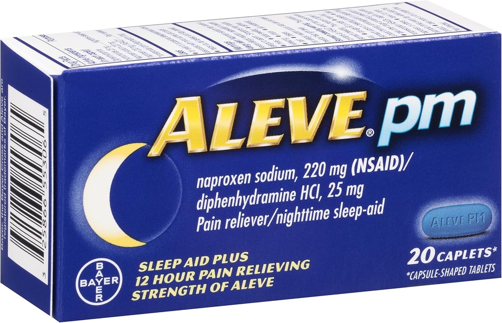 Aleve PM Caplets, Naproxen Sodium 220 mg (NSAID)/diphenhydramine HCl 25 mg, Pain Reliever/Nighttime Sleep-Aid, Non-Habit Forming, 20 Count