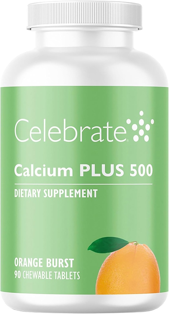 Célébrez les vitamines Calcium Plus 500 Citrate de calcium bariatrique avec vitamine D3 à croquer, 500 mg, sans gluten et sans sucre, Citrate de calcium pour les patients bariatriques, Burst orange, 90 nombre