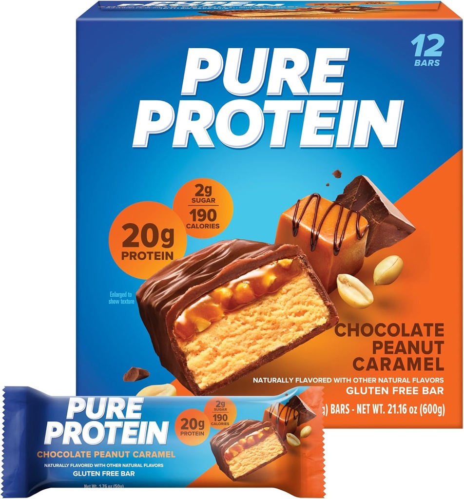 Barres de protéines pures, haute protéine, collations nutritives pour soutenir l'énergie, faible sucre, sans gluten, caramel d'arachide de chocolat, 1,76oz, 12 Compte (paquet de 1) (paquet de mai vary)
