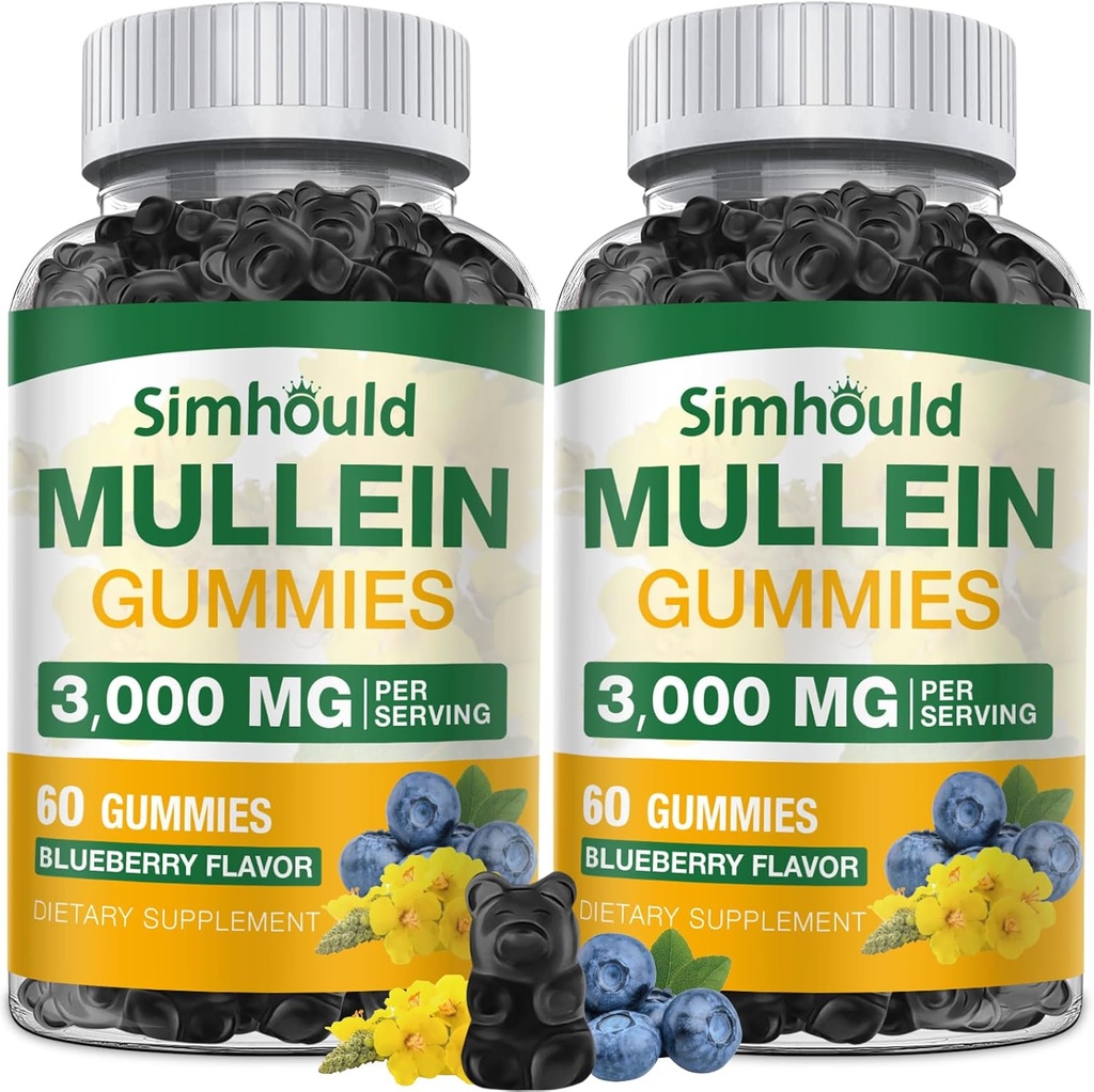 2 Pack sans sucre 3000MG Mullein Gummies - Lung Cleanse, supplément d'extrait de feuille de Mullein pour les gouttes de Mullein respiratoire, biologique avec Quercetin et Bromelain pour la santé pulmonaire, digestif et immunitaire