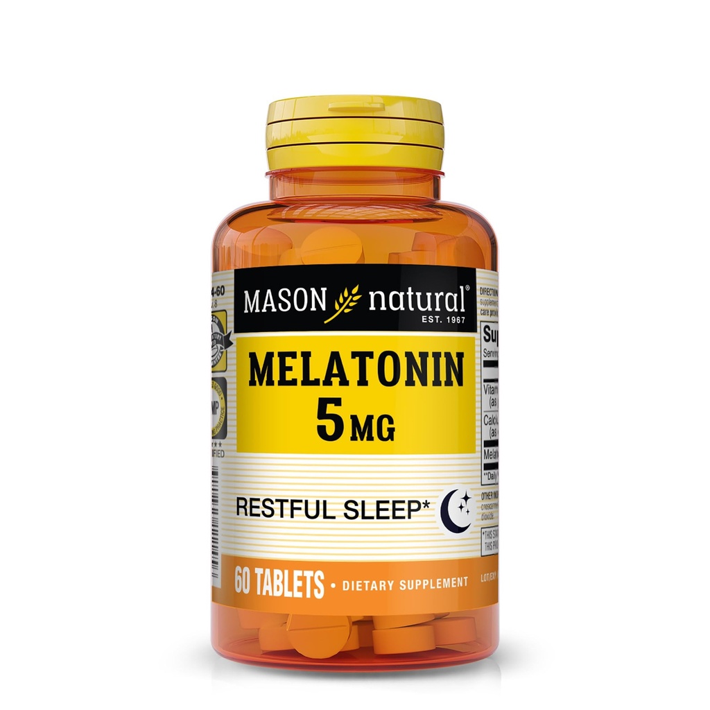 Mason Natural Melatonin 5 mg avec B6 & Calcium, aide au sommeil naturel, soutient le sommeil reposant, 60 comprimés