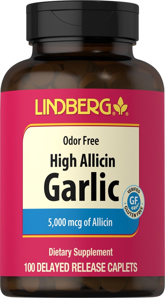 Supplément ailique de Lindberg Pills (500mg) 100 Caplets (100mg) Sans odorat avec haute allicine (5000mcg)