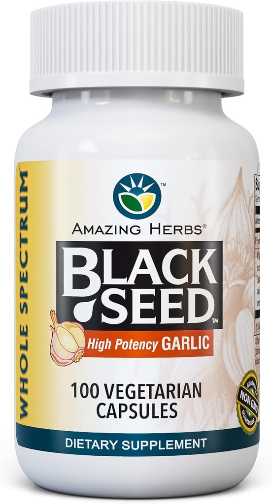 Amazing Herbs Whole Spectrum Black Seed & High Potency Ail, Capsules végétariennes - Sans gluten, sans OGM, végétalien, soutient le système immunitaire, la fonction pulmonaire et la santé cardiovasculaire - 100 Compte