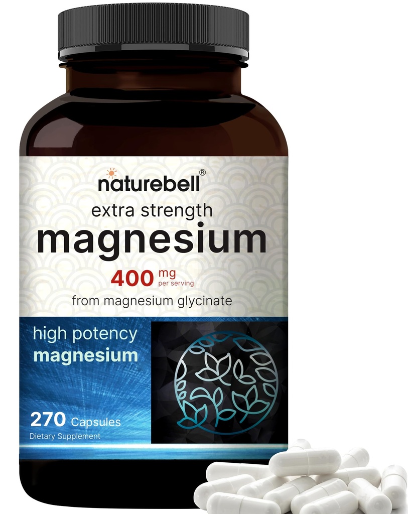 NatureBell Magnésium Glycinate 400mg Elemental, 270 Capsules.100% Chélaté pour une absorption élevée.