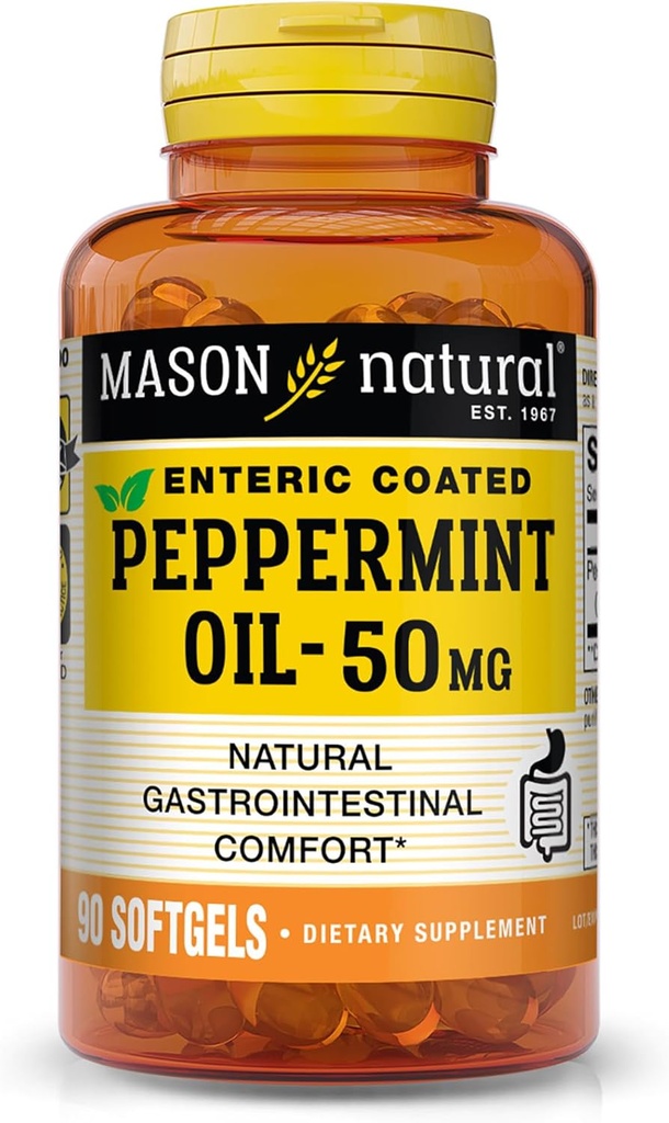 MASON NATURAL Peppermint Oil 50 mg Enteric Coated Supplément, 90 jours de soutien gastro-intestinal pour Bowel, pilules softgel fonctionnant normalement