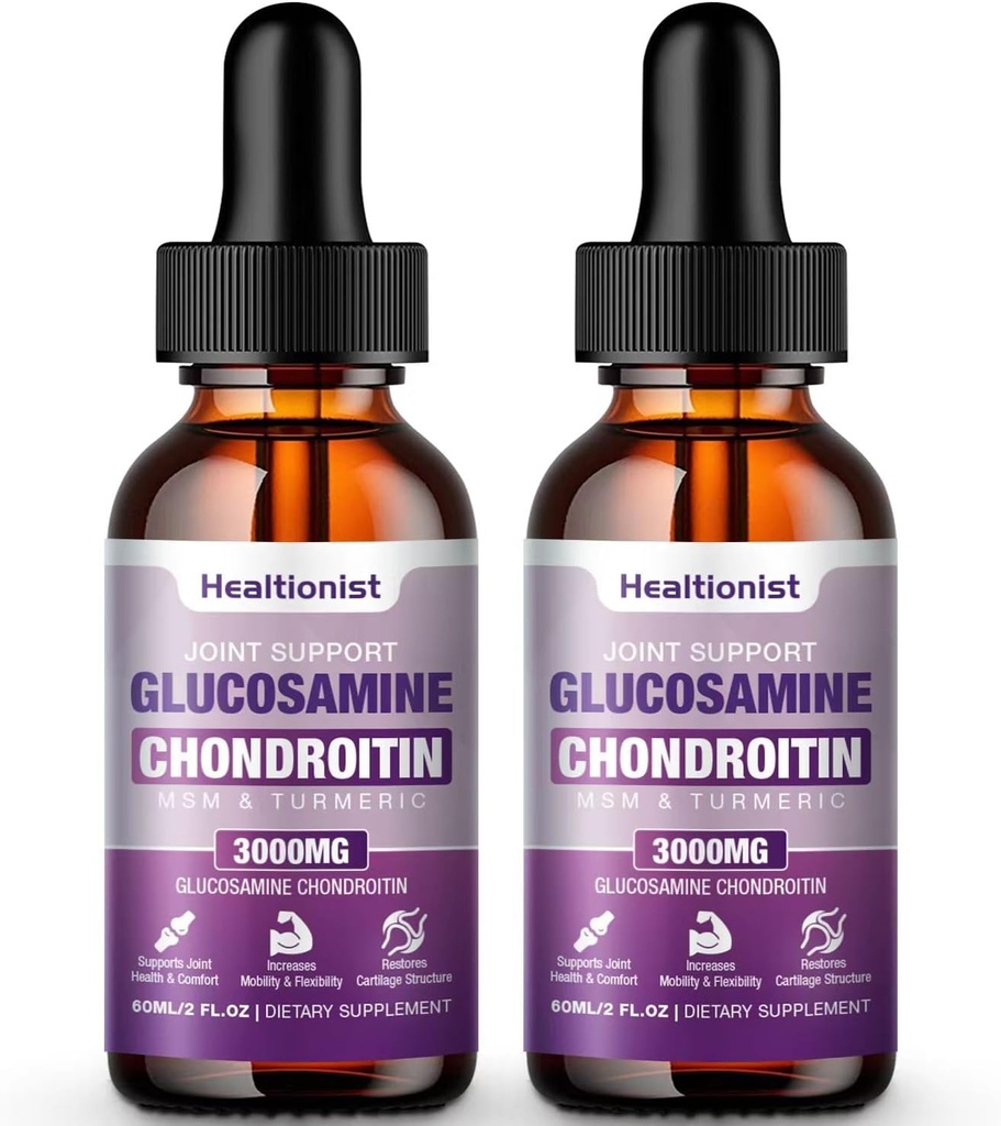 2 Pack Glucosamine Chondroïtine MSM gouttes liquides, supplément de soutien articulaire extra-fort pour les adultes hommes et femmes, Quercetin Boswelia, Bromelain, Antioxydant Imune Support (4 Fl oz)