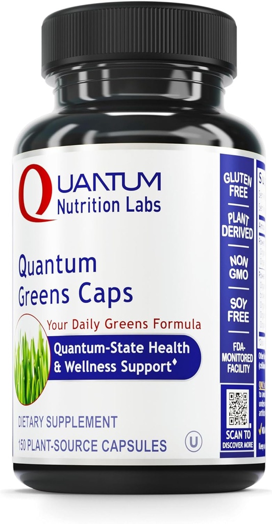 Quantum Nutrition Labs Greens Capsules - Capsules Super Greens, Suppléments Greens, Superfood Blend pour le bien-être, Pilules Végétiques Biologiques avec Kale, Verts Leafy, Alfalfa - 150 Capsules Végétariennes