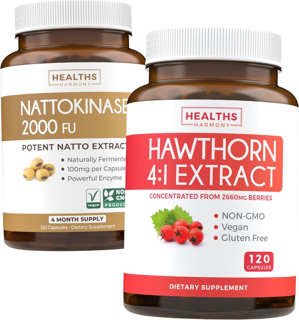 Nattokinase & Hawthorn (4-Meth Supply) Nattokinase Berry Harmony - Nattokinase 2000 FU Soja fermenté naturel puissant (4-Meth Supply) & Hawthorn Berry 4:1 Extrait - végétalien et non-OGM