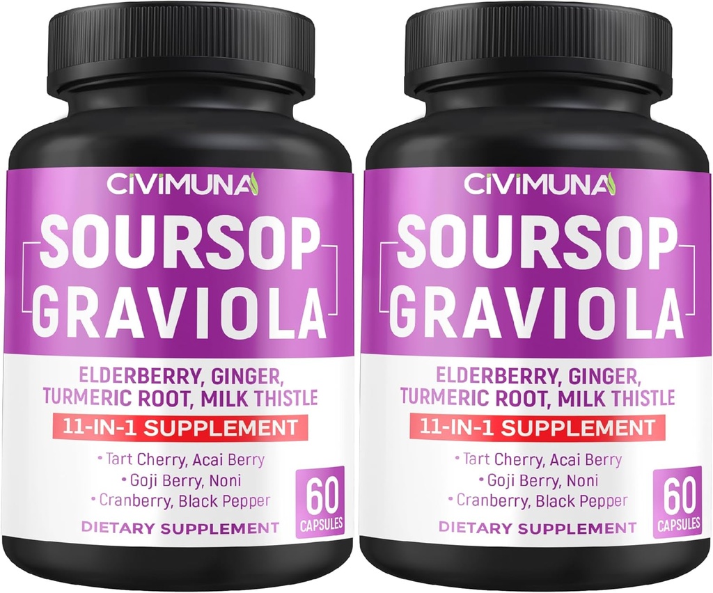 Soursop Graviola Capsules with Elderberry, Turmeric Curcumin and More - 120 Capsules for 4 Months Supply (Pack of 2)