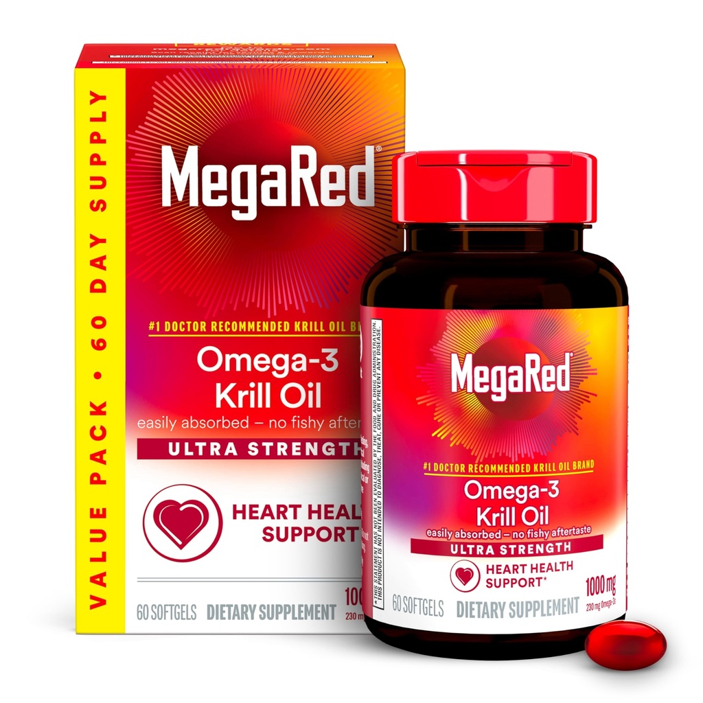 MegaRed Ultra Strength 1000mg Omega-3 supplément d'huile de krill avec EPA/DHA, Astaxanthin et Phospholipides, sans huile de poisson après-goût soutient le cœur, le cerveau, les articulations et la santé des yeux, 60 softgels de comte.