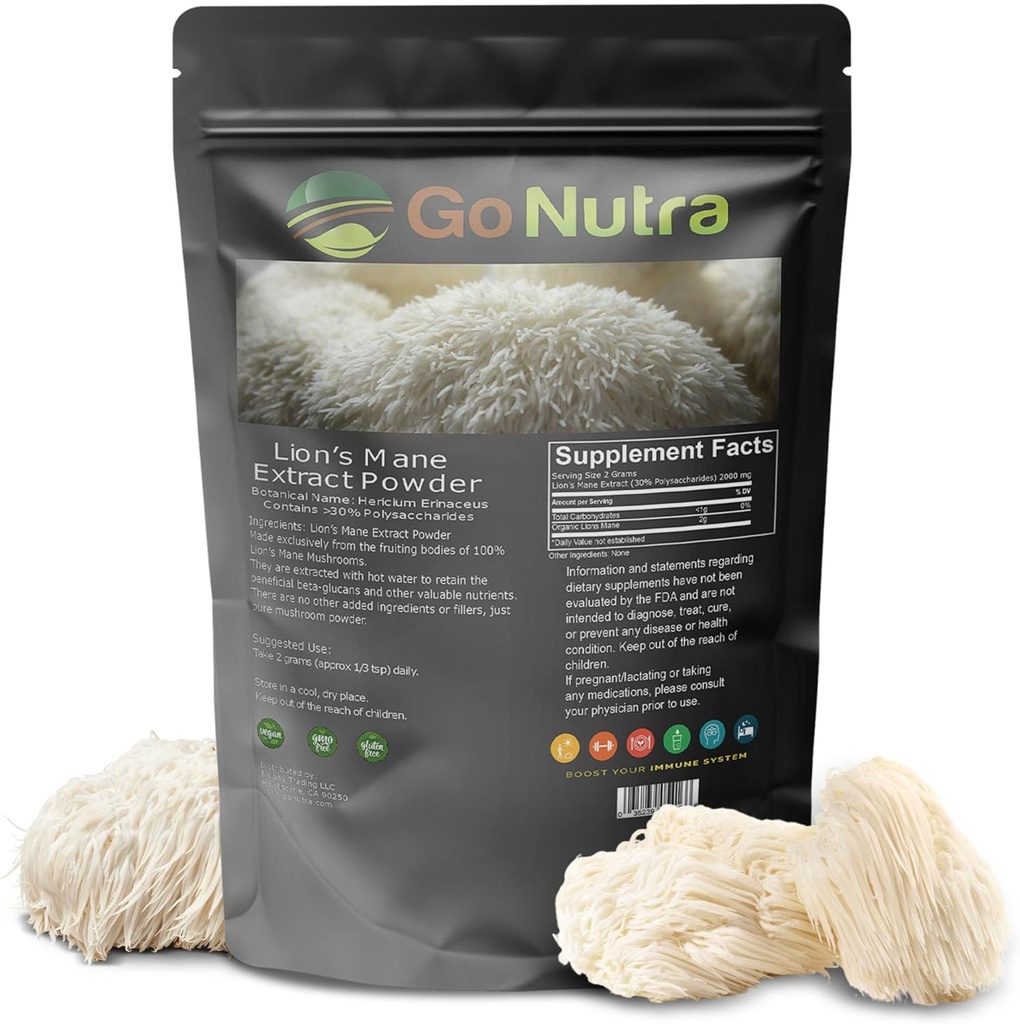 Go Nutra - Poudre de Mane de Lion, Potentiel 10:1 Poudre de Champignon de Lion avec 30% de polysaccharides, Extrait de Mane de Lion pur pour le thé, jus, eau, et plus, Non-OGM, Vegan, 4 oz