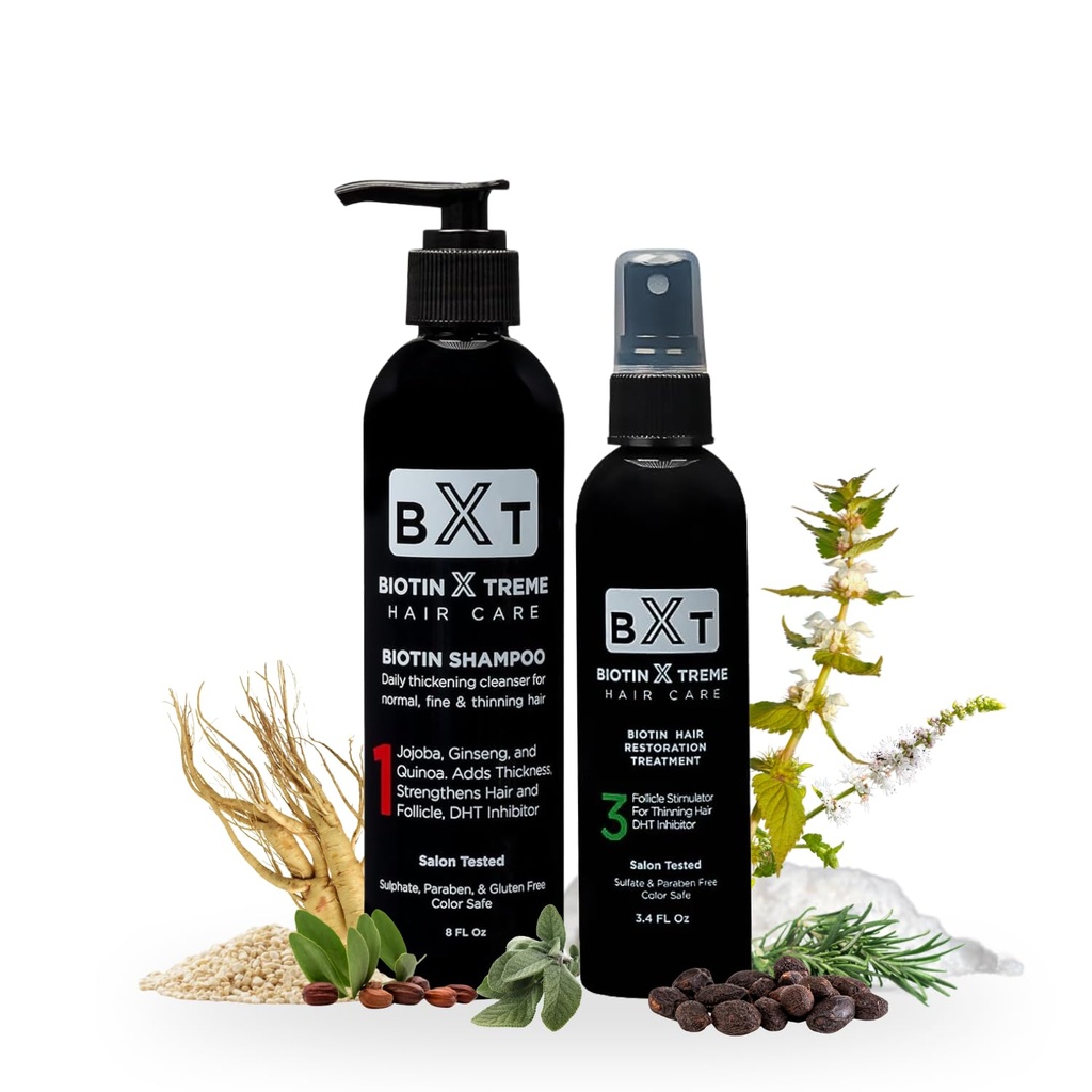 Biotin X Treme Groupe de croissance des cheveux: Shampooing naturel (8 oz) & Vaporisateur de restauration des cheveux – DHT Blocker, stimulateur folliculaire, couleur-safe, sans sulfate, sans parabène pour la peau mince et la perte de cheveux