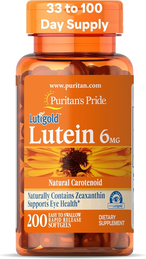 Puritan's Pride Premium LutigoldTM Lutein Caroténoïde 6mg avec Zeaxanthin pour les hommes et les femmes, complément alimentaire pour le soutien de la santé oculaire, 200 softgels à libération rapide