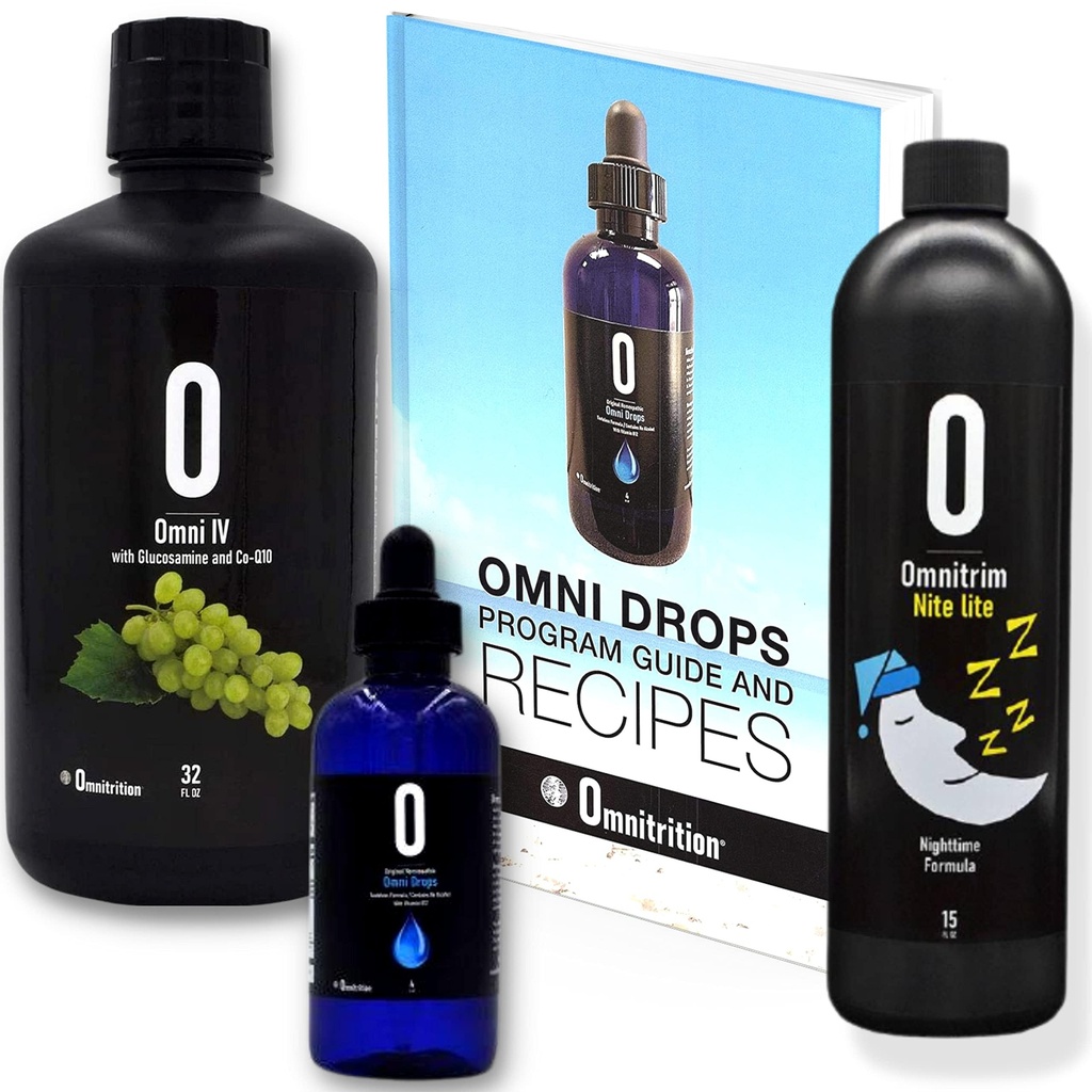 Ensemble de 3 produits du programme Omni Drop - le "Get Started Package" comprend des gouttes de régime Omni Drops avec vitamine B12 - 4 bouteille d'Once avec guide du programme, Omni IV avec glucosamine, OmniTrim Nite Lite