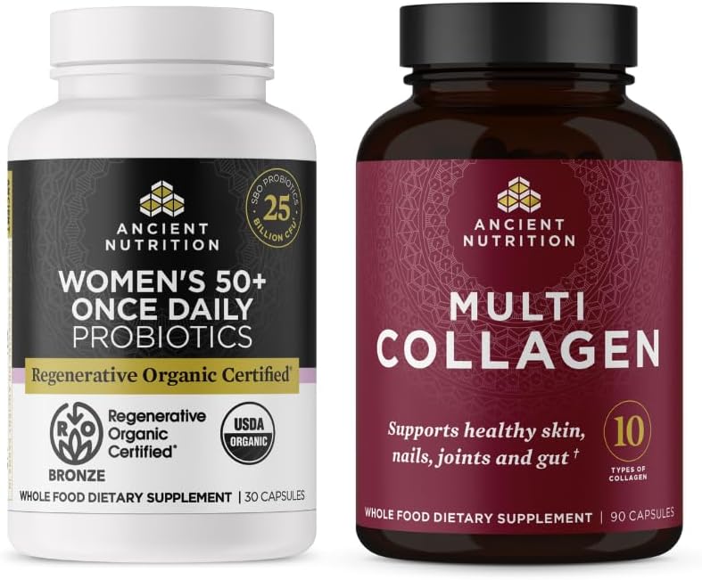 Ancient Nutrition Regénérative Organic Certified Women's 50+ Probiotiques Capsules, 30 Compte + Capsules Multi Collagènes, 90 Nombre de portions