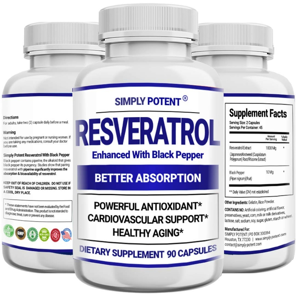 Resveratrol 1000mg Supplément, Trans Resveratrol 500mg, Resveratrol amélioré avec le poivre noir pour l'absorption maximale, puissant antioxydant et anti-âge pilules pour le coeur, l'immunité et la santé de la peau, 90 Capsules