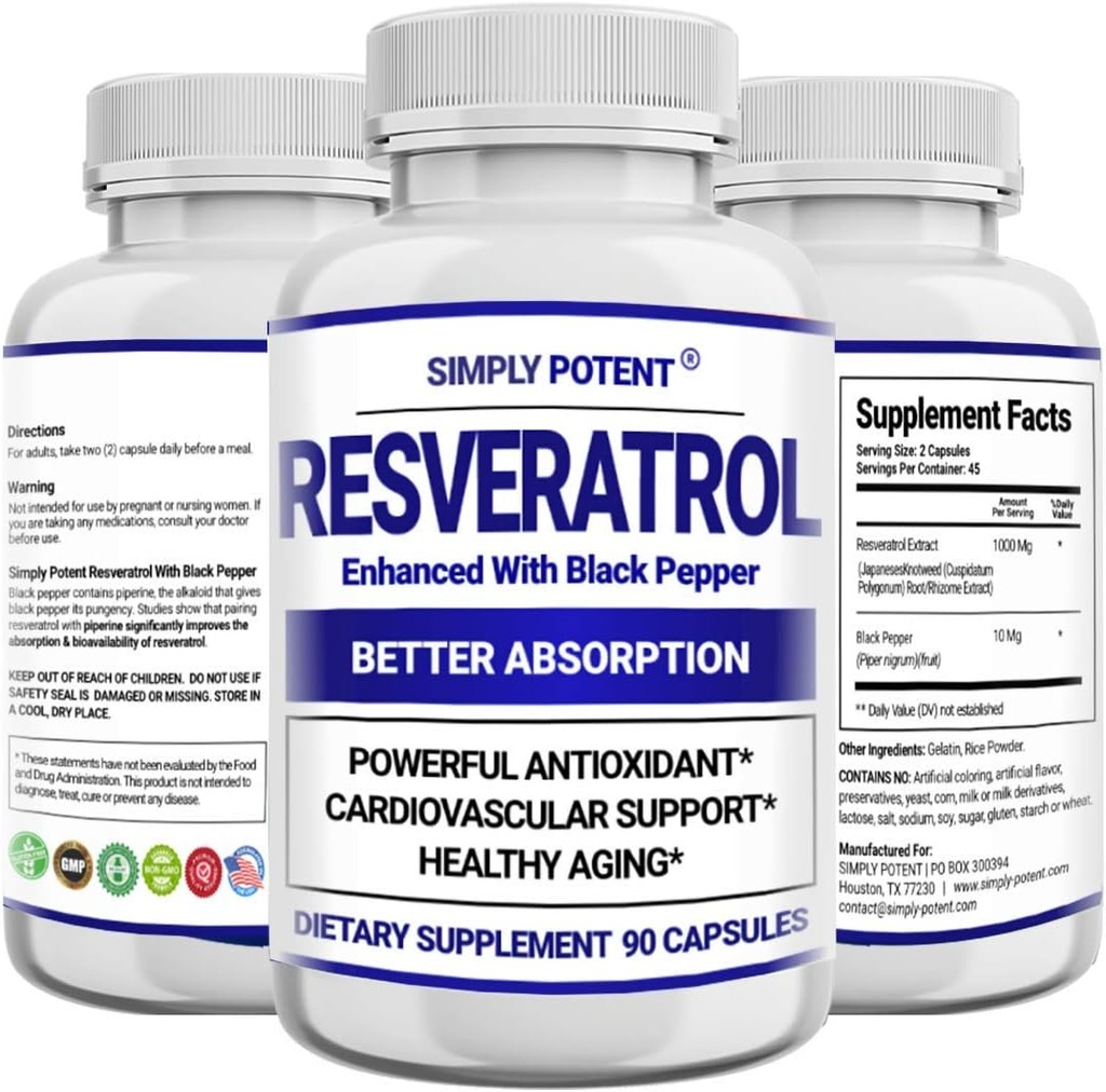 Resveratrol 1000mg Supplément, Trans Resveratrol 500mg, Resveratrol amélioré avec le poivre noir pour l'absorption maximale, puissant antioxydant et anti-âge pilules pour le coeur, l'immunité et la santé de la peau, 90 Capsules